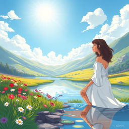 A beautifully illustrated scene depicting a serene landscape inspired by a Bible verse, featuring a tranquil river flowing through a lush green valley under a radiant blue sky