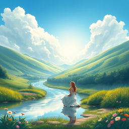 A beautifully illustrated scene depicting a serene landscape inspired by a Bible verse, featuring a tranquil river flowing through a lush green valley under a radiant blue sky