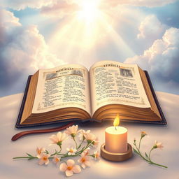 An beautifully illustrated depiction of the Bible, open to a page with intricate, ornate illustrations