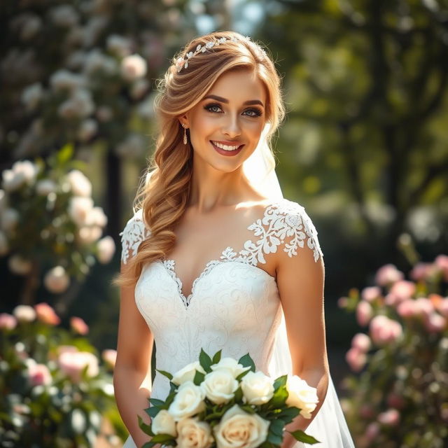 A beautiful bride standing in a lush garden, wearing an elegant white wedding gown adorned with delicate lace and intricate embroidery