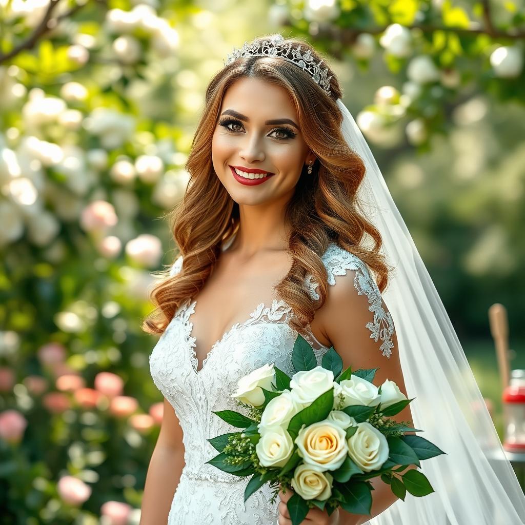 A beautiful bride standing in a lush garden, wearing an elegant white wedding gown adorned with delicate lace and intricate embroidery