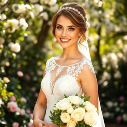 A beautiful bride standing in a lush garden, wearing an elegant white wedding gown adorned with delicate lace and intricate embroidery
