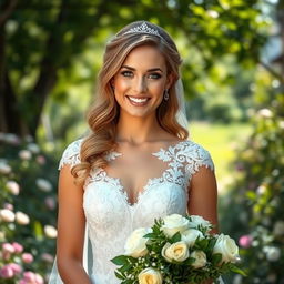 A beautiful bride standing in a lush garden, wearing an elegant white wedding gown adorned with delicate lace and intricate embroidery