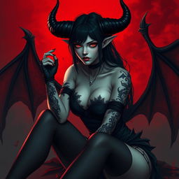 A dark fantasy illustration of a female demon with black horns, pale skin, and sharp red eyes, sitting in a dramatic pose
