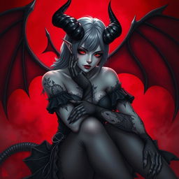 A dark fantasy illustration of a female demon with black horns, pale skin, and sharp red eyes, sitting in a dramatic pose