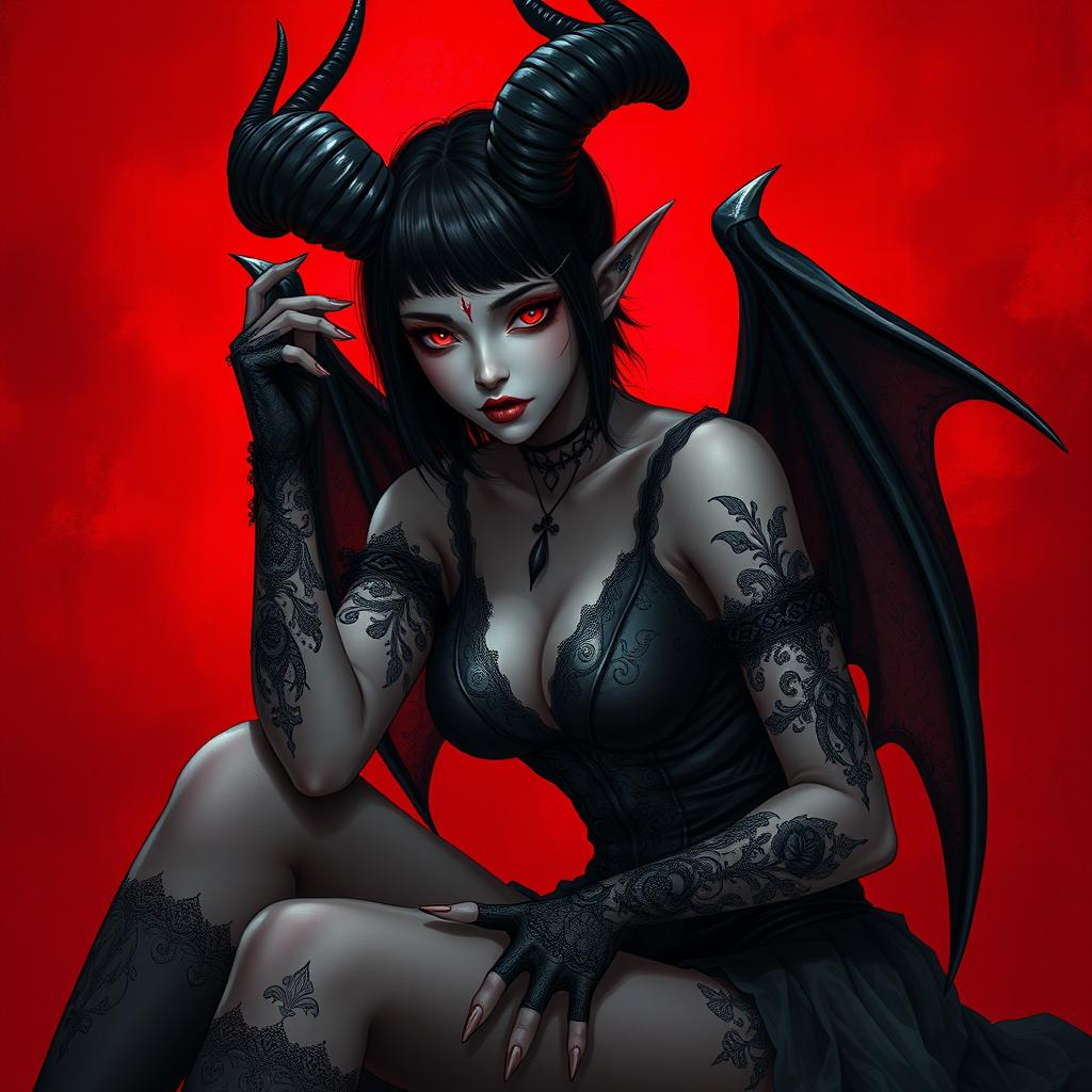 A dark fantasy illustration of a female demon with black horns, pale skin, and sharp red eyes, sitting in a dramatic pose