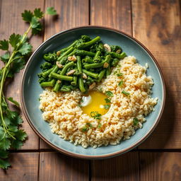 A vibrant plate of green molokhia served with fluffy quinoa, garnished with fresh herbs and a drizzle of olive oil