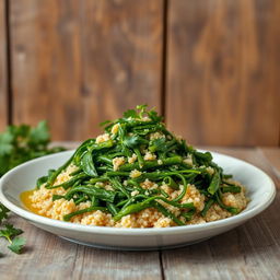 A vibrant plate of green molokhia served with fluffy quinoa, garnished with fresh herbs and a drizzle of olive oil