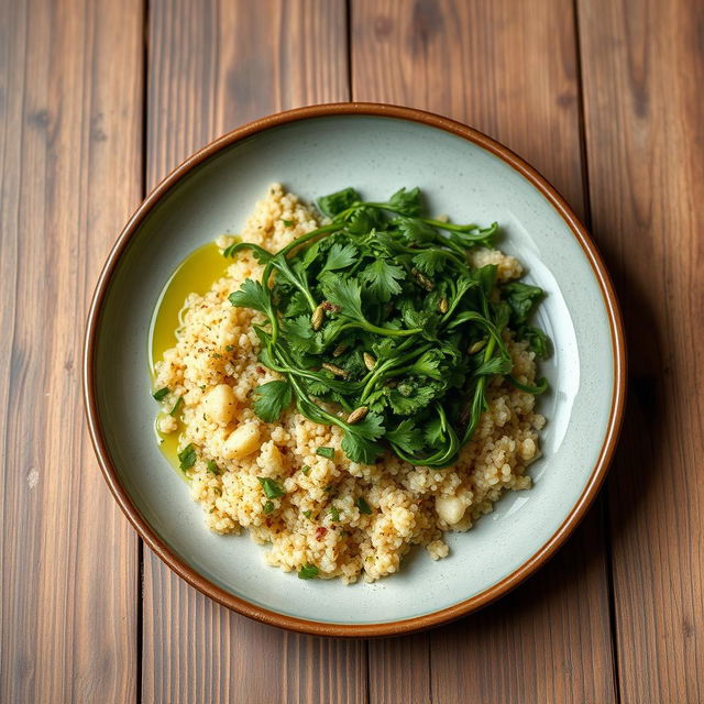 A vibrant plate of green molokhia served with fluffy quinoa, garnished with fresh herbs and a drizzle of olive oil