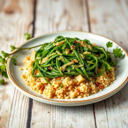 A vibrant plate of green molokhia served with fluffy quinoa, garnished with fresh herbs and a drizzle of olive oil