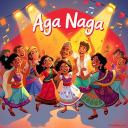 A vibrant and colorful digital artwork inspired by the musical ambiance of the 'Aga Naga' song, featuring a lively celebration scene filled with animated characters dancing joyfully