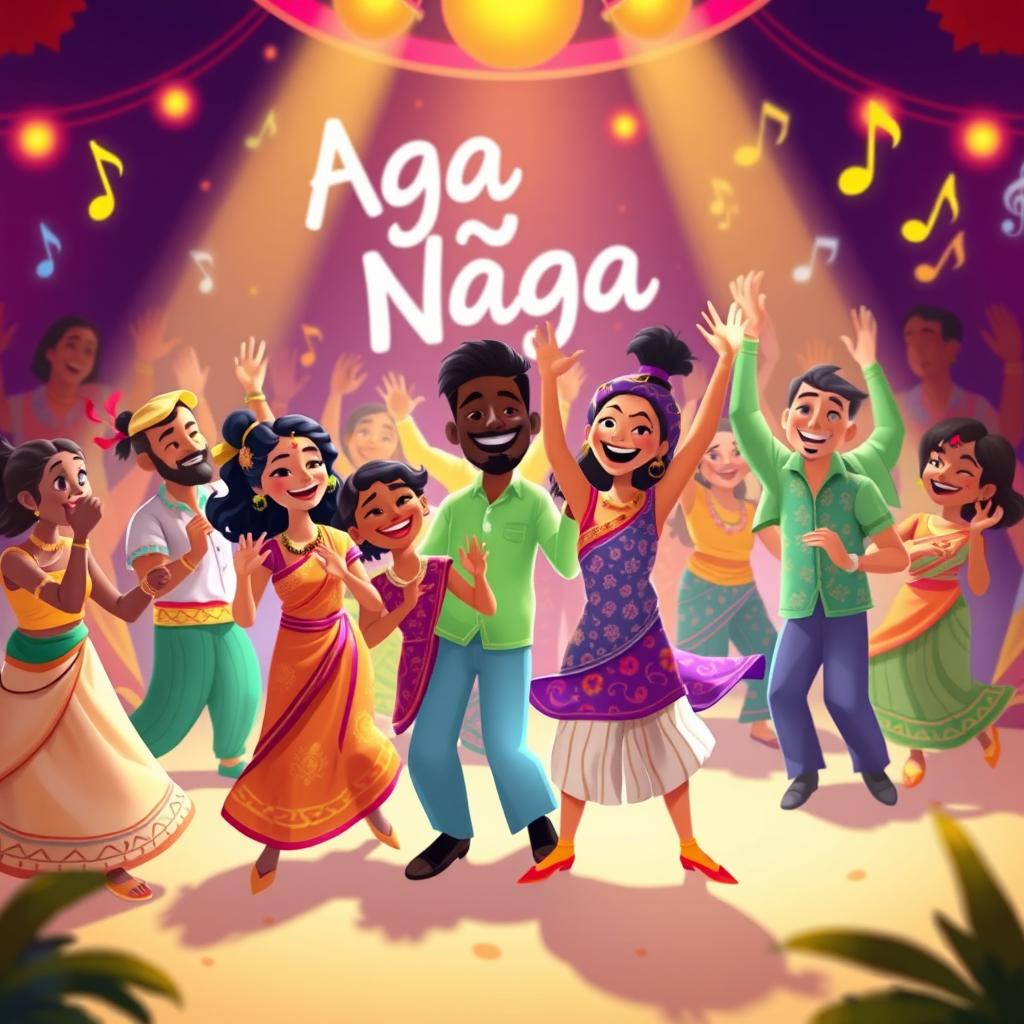 A vibrant and colorful digital artwork inspired by the musical ambiance of the 'Aga Naga' song, featuring a lively celebration scene filled with animated characters dancing joyfully