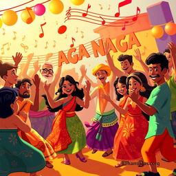 A vibrant and colorful digital artwork inspired by the musical ambiance of the 'Aga Naga' song, featuring a lively celebration scene filled with animated characters dancing joyfully