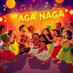 A vibrant and colorful digital artwork inspired by the musical ambiance of the 'Aga Naga' song, featuring a lively celebration scene filled with animated characters dancing joyfully