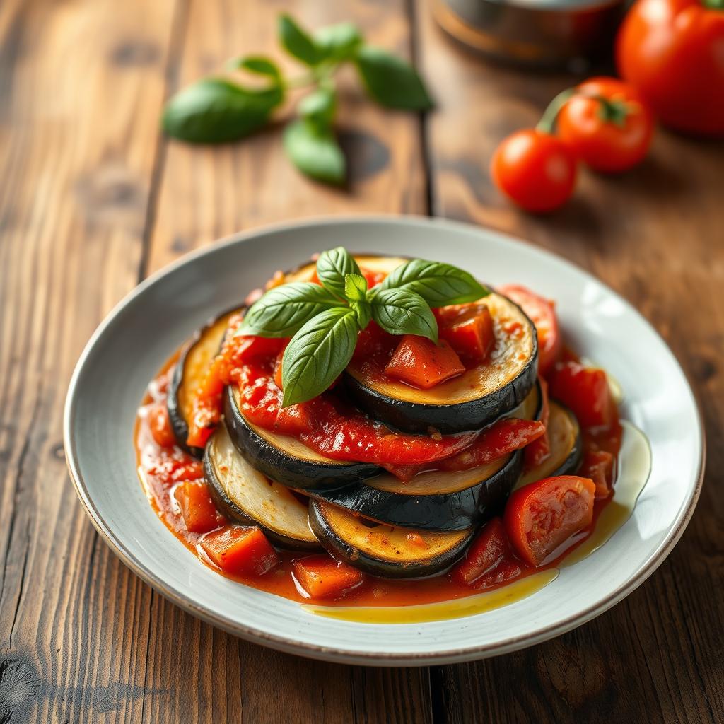 A beautifully arranged plate of Ratatouille with vibrant colors showcasing layers of zucchini, eggplant, and bell peppers in a rich tomato sauce