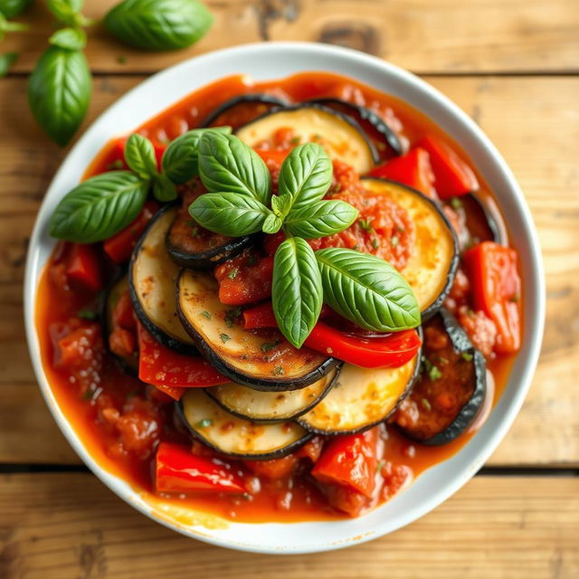 A beautifully arranged plate of Ratatouille with vibrant colors showcasing layers of zucchini, eggplant, and bell peppers in a rich tomato sauce