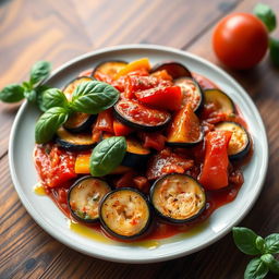 A beautifully arranged plate of Ratatouille with vibrant colors showcasing layers of zucchini, eggplant, and bell peppers in a rich tomato sauce