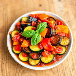 A beautifully arranged plate of Ratatouille with vibrant colors showcasing layers of zucchini, eggplant, and bell peppers in a rich tomato sauce
