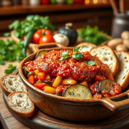 A delicious Ratatouille casserole featuring a vibrant mix of eggplant, zucchini, bell peppers, and tomatoes, beautifully layered in a rustic oven-safe dish
