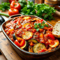 A delicious Ratatouille casserole featuring a vibrant mix of eggplant, zucchini, bell peppers, and tomatoes, beautifully layered in a rustic oven-safe dish