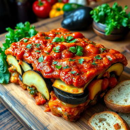 A delicious Ratatouille casserole featuring a vibrant mix of eggplant, zucchini, bell peppers, and tomatoes, beautifully layered in a rustic oven-safe dish