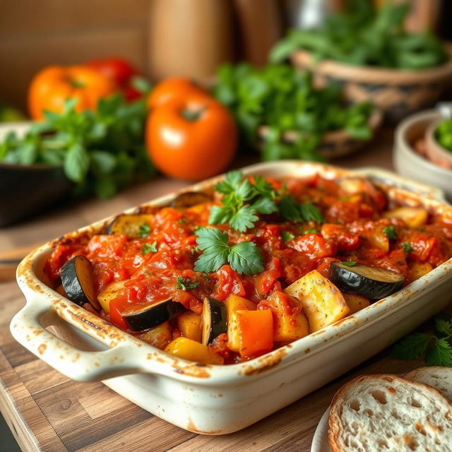 A delicious Ratatouille casserole featuring a vibrant mix of eggplant, zucchini, bell peppers, and tomatoes, beautifully layered in a rustic oven-safe dish