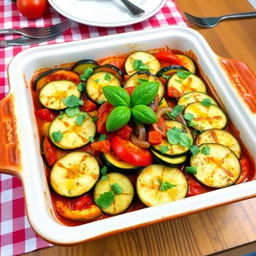 A beautiful and colorful ratatouille casserole, featuring layers of fresh vegetables including zucchini, eggplant, bell peppers, and tomatoes, baked in a savory tomato sauce