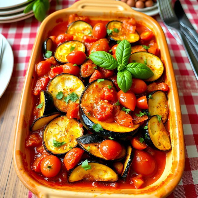 A beautiful and colorful ratatouille casserole, featuring layers of fresh vegetables including zucchini, eggplant, bell peppers, and tomatoes, baked in a savory tomato sauce