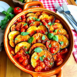 A beautiful and colorful ratatouille casserole, featuring layers of fresh vegetables including zucchini, eggplant, bell peppers, and tomatoes, baked in a savory tomato sauce