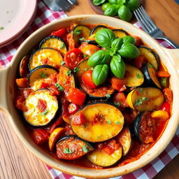 A beautiful and colorful ratatouille casserole, featuring layers of fresh vegetables including zucchini, eggplant, bell peppers, and tomatoes, baked in a savory tomato sauce