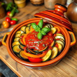 A beautifully arranged dish of Ratatouille in a vibrant ceramic tagine, showcasing layers of sliced zucchini, eggplant, bell peppers, and tomatoes, all artistically arranged in a circular pattern