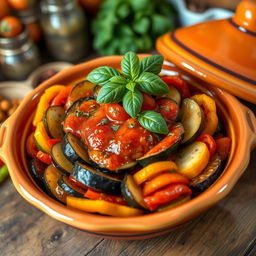 A beautifully arranged dish of Ratatouille in a vibrant ceramic tagine, showcasing layers of sliced zucchini, eggplant, bell peppers, and tomatoes, all artistically arranged in a circular pattern