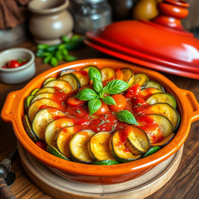 A beautifully arranged dish of Ratatouille in a vibrant ceramic tagine, showcasing layers of sliced zucchini, eggplant, bell peppers, and tomatoes, all artistically arranged in a circular pattern