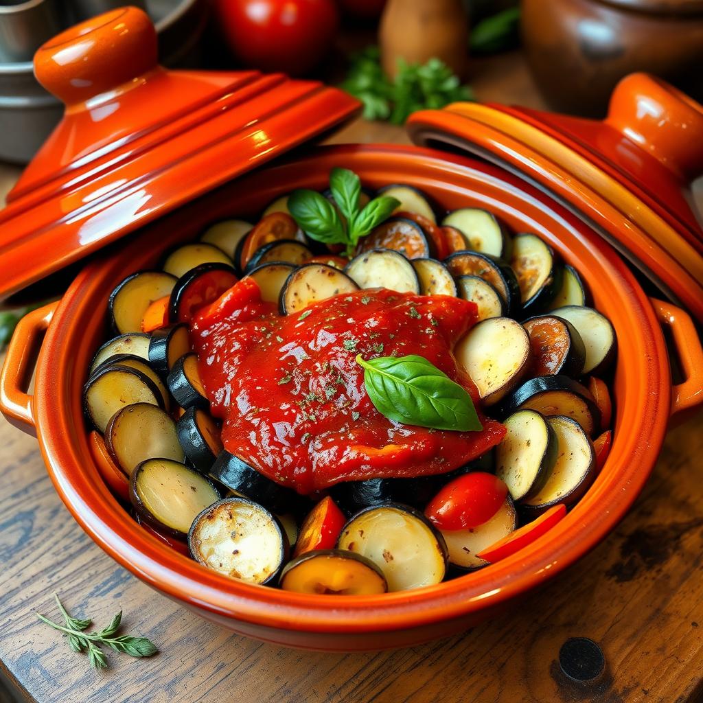 A beautifully arranged dish of Ratatouille in a vibrant ceramic tagine, showcasing layers of sliced zucchini, eggplant, bell peppers, and tomatoes, all artistically arranged in a circular pattern