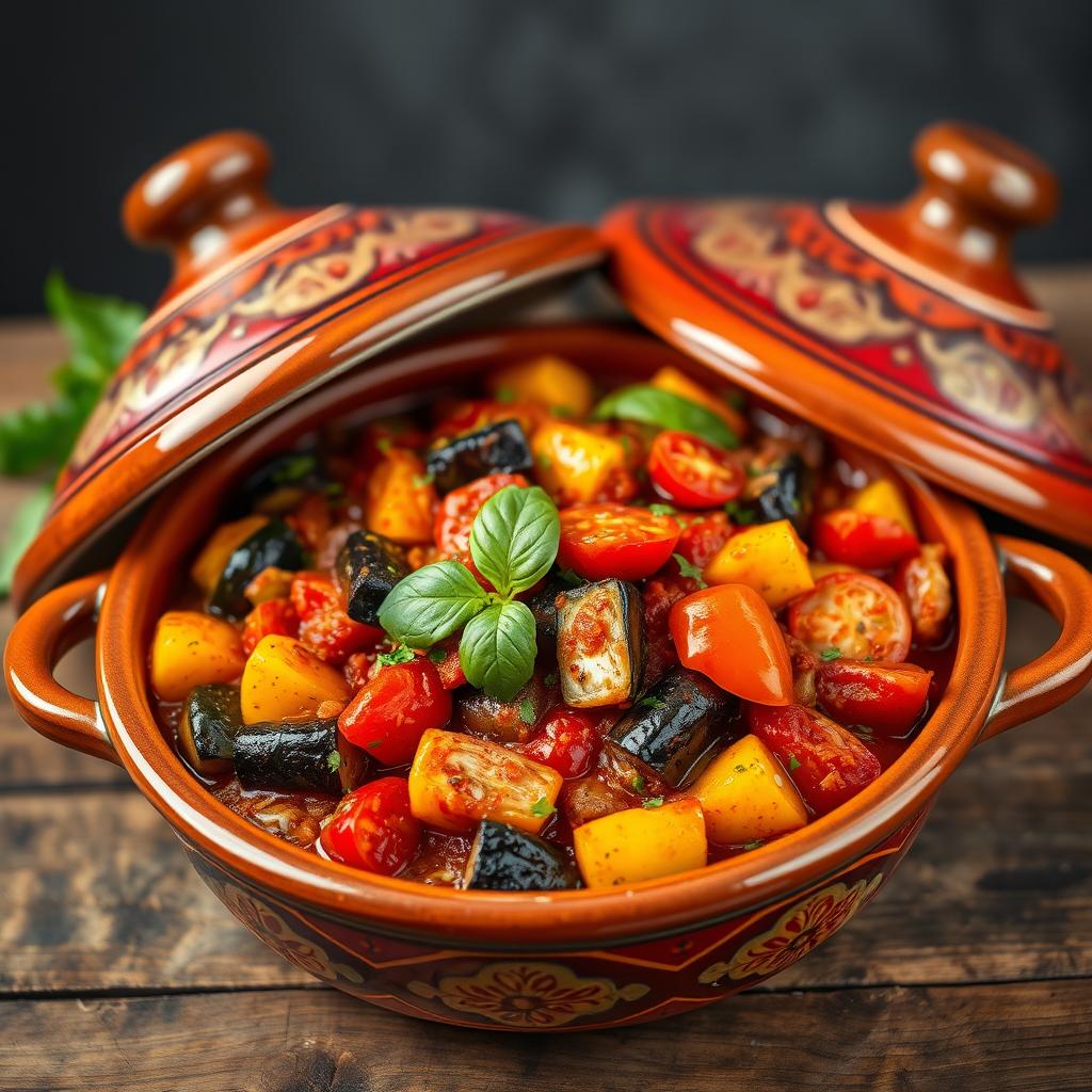 A beautifully styled Ratatouille dish served in a traditional Moroccan tagine