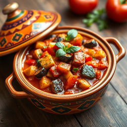 A beautifully styled Ratatouille dish served in a traditional Moroccan tagine