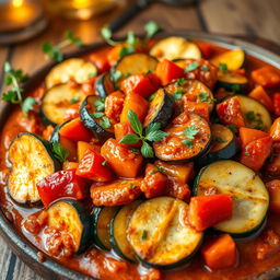 A beautifully arranged Moroccan Ratatouille dish featuring perfectly cooked slices of a variety of vegetables like zucchini, eggplant, and bell peppers, all simmered in a rich, flavorful tomato sauce