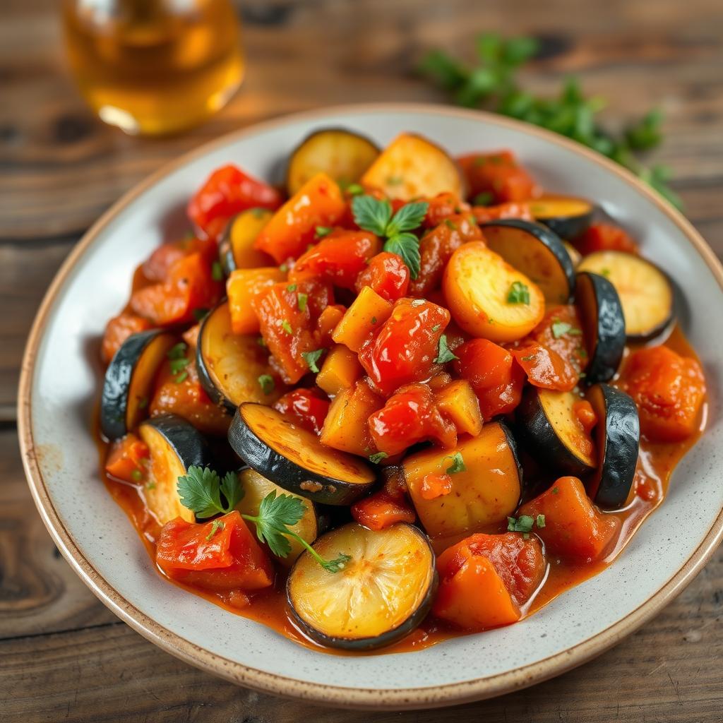 A beautifully arranged Moroccan Ratatouille dish featuring perfectly cooked slices of a variety of vegetables like zucchini, eggplant, and bell peppers, all simmered in a rich, flavorful tomato sauce