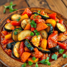 A beautifully arranged Moroccan Ratatouille dish featuring perfectly cooked slices of a variety of vegetables like zucchini, eggplant, and bell peppers, all simmered in a rich, flavorful tomato sauce