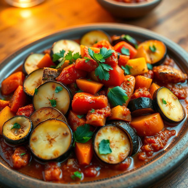 A beautifully arranged Moroccan Ratatouille dish featuring perfectly cooked slices of a variety of vegetables like zucchini, eggplant, and bell peppers, all simmered in a rich, flavorful tomato sauce