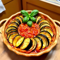A delicious Ratatouille dish featuring thinly sliced, cooked vegetables like zucchini, eggplant, and bell peppers, all beautifully arranged in a circular pattern