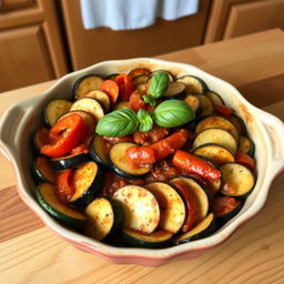 A delicious Ratatouille dish featuring thinly sliced, cooked vegetables like zucchini, eggplant, and bell peppers, all beautifully arranged in a circular pattern