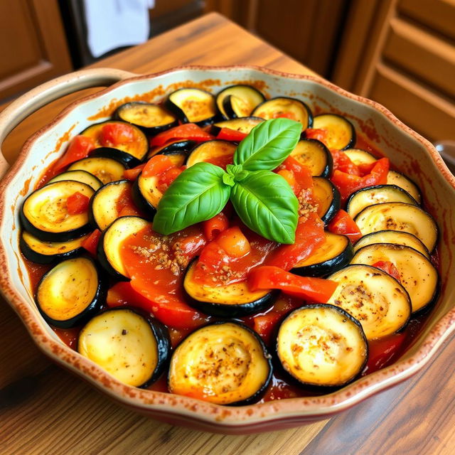 A delicious Ratatouille dish featuring thinly sliced, cooked vegetables like zucchini, eggplant, and bell peppers, all beautifully arranged in a circular pattern