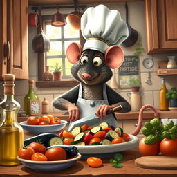 A cozy kitchen scene inspired by the animated film 'Ratatouille', featuring a charming rat wearing a chef's hat and apron, skillfully preparing a colorful and vibrant ratatouille dish using fresh vegetables like zucchini, eggplant, and tomatoes