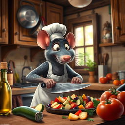 A cozy kitchen scene inspired by the animated film 'Ratatouille', featuring a charming rat wearing a chef's hat and apron, skillfully preparing a colorful and vibrant ratatouille dish using fresh vegetables like zucchini, eggplant, and tomatoes