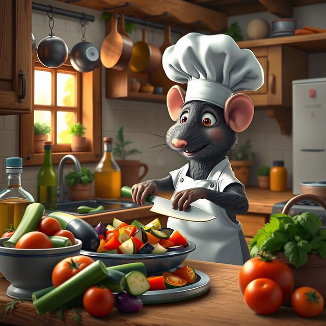 A cozy kitchen scene inspired by the animated film 'Ratatouille', featuring a charming rat wearing a chef's hat and apron, skillfully preparing a colorful and vibrant ratatouille dish using fresh vegetables like zucchini, eggplant, and tomatoes