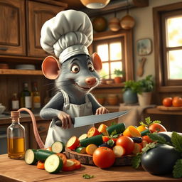 A cozy kitchen scene inspired by the animated film 'Ratatouille', featuring a charming rat wearing a chef's hat and apron, skillfully preparing a colorful and vibrant ratatouille dish using fresh vegetables like zucchini, eggplant, and tomatoes