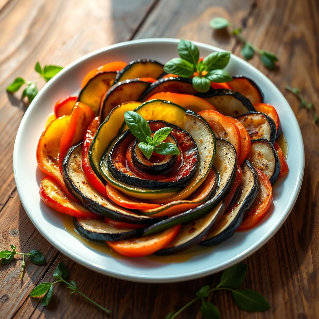 A beautifully arranged plate of Ratatouille, showcasing vibrant colors of fresh vegetables such as zucchini, eggplant, and bell peppers, elegantly layered in a spiral pattern