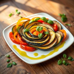 A beautifully arranged plate of Ratatouille, showcasing vibrant colors of fresh vegetables such as zucchini, eggplant, and bell peppers, elegantly layered in a spiral pattern