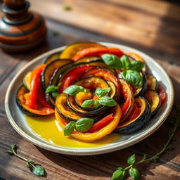 A beautifully arranged plate of Ratatouille, showcasing vibrant colors of fresh vegetables such as zucchini, eggplant, and bell peppers, elegantly layered in a spiral pattern